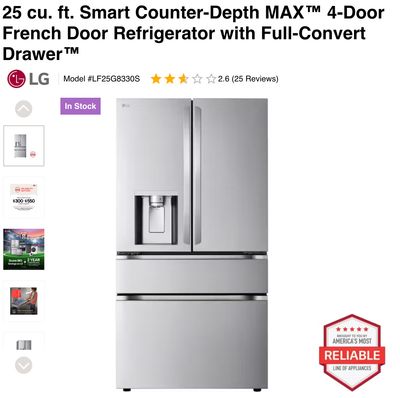 LG LF25G8330S 25 Cu. Ft. Counter-Depth MAX™ 4-Door French Door Smart Refrigerator with Full-Convert Drawer