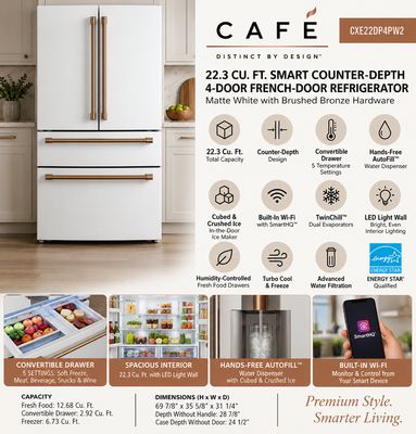 Cafe CXE22DP4PW2 Café™ 22.3 Cu. Ft. Smart Counter-Depth 4-Door French-Door Refrigerator – Matte White