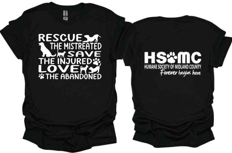 Rescue, Save, Love Unisex tshirt or crewneck sweatshirt with HSMC logo on back