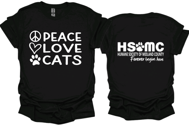 Peace Love Cats Unisex tshirt or crewneck sweatshirt with HSMC logo on back