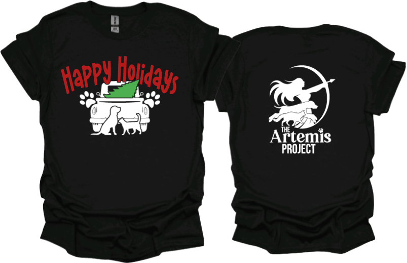 Happy Holidays Unisex tshirt or crewneck sweatshirt with The Artemis Project logo on back