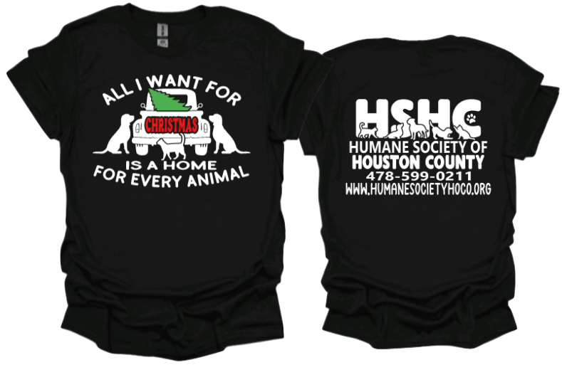 All I want for Christmas is a home for every animal Unisex tshirt or crewneck sweatshirt with HSHC logo on back