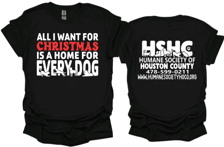 All I want for Christmas is a home for every dog Unisex tshirt or crewneck sweatshirt with HSHC logo on back