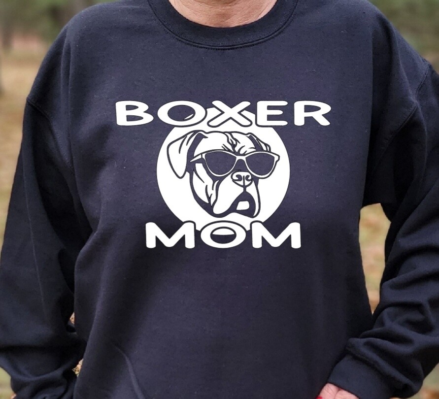Boxer Mom with NJ Boxer Rescue on Back Unisex Tshirt or Crewneck Sweatshirt