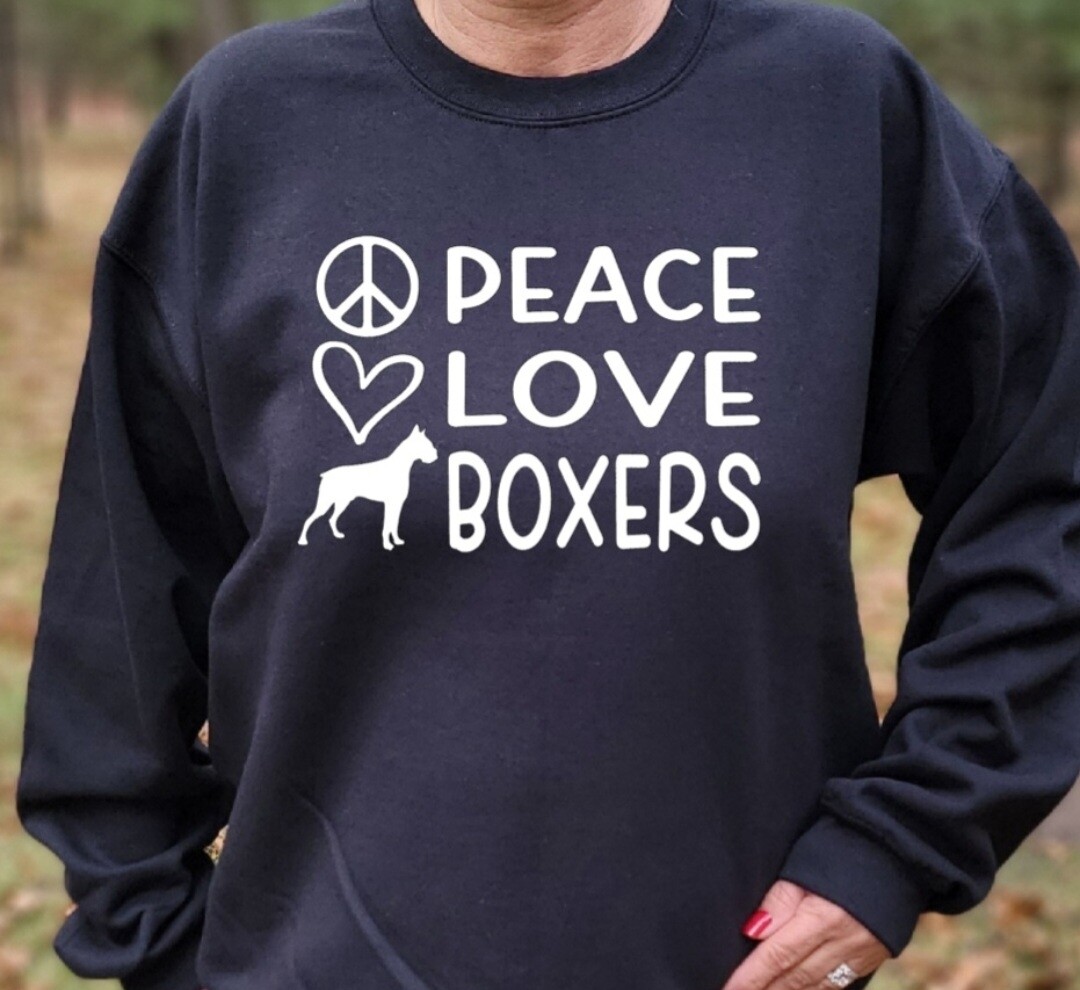 Peace love Boxers with NJ Boxer Rescue on Back Unisex Tshirt or Crewneck Sweatshirt