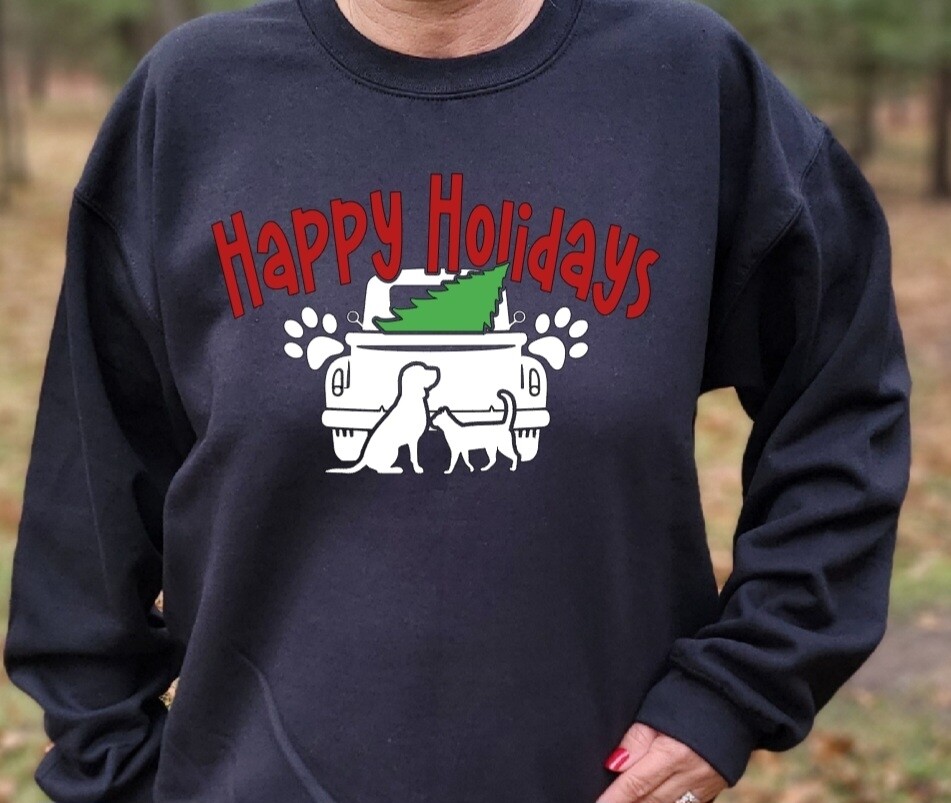 Happy Holidays unisex tshirt or crewneck sweatshirt with Making Miracles Animal Rescue logo on back