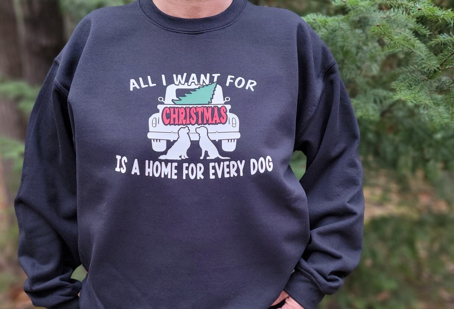 All I want for Christmas is a home for every dog w/dogs and truck unisex tshirt or crewneck sweatshirt with Second Chance Animal Shelter logo on back