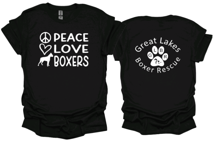 Peace love boxers with Great Lakes Boxer Rescue on Back Unisex Tshirt or Crewneck Sweatshirt