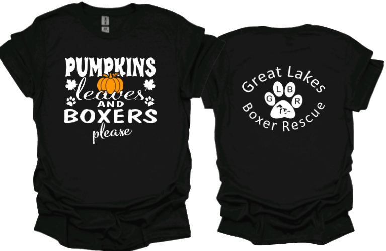 Pumpkins leaves and Boxers please with option for Great Lakes Boxer Rescue on Back Unisex Tshirt or Crewneck Sweatshirt
