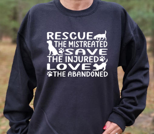 Rescue. Save. Love Unisex tshirt or crewneck sweatshirt with option for Bubbles the Blind Beagle logo on back