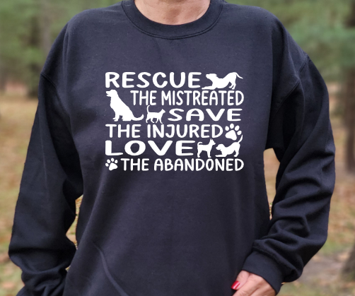 Rescue. Save. Love Unisex tshirt or crewneck sweatshirt with logo on back