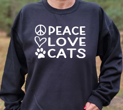 Peace Love Cats Unisex tshirt or crewneck sweatshirt with logo on back