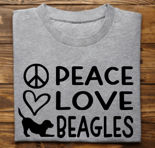 Peace Love Beagles Unisex tshirt or crewneck sweatshirt with Bubbles the Blind Beagle logo on back