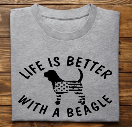 Life is better with a beagle Unisex tshirt or crewneck sweatshirt with option for Bubbles the Blind Beagle logo on back