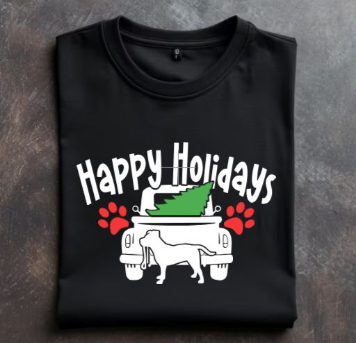 Happy Holidays (pittie) Unisex tshirt or crewneck sweatshirt with option for rescues logo on back