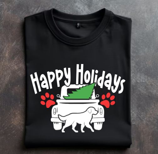 Happy Holidays (golden retriever) Unisex tshirt or crewneck sweatshirt with option for rescues logo on back
