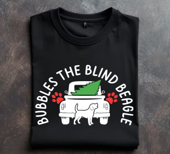 Bubbles the Blind Beagle Holiday Tshirt, sweatshirt or hoodie