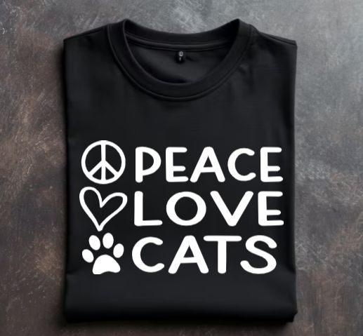 Peace Love Cats Unisex Tshirt or crewneck sweatshirt with option for Few Steps From Home Animal Rescue logo on Back
