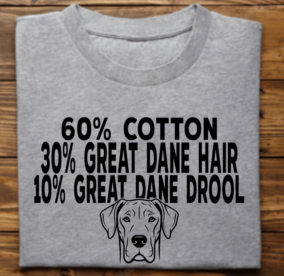 60% cotton 30% Dane hair 10% Dane drool Unisex Tshirt or Crewneck Sweatshirt with option for Great Dane Rescue Inc logo on back