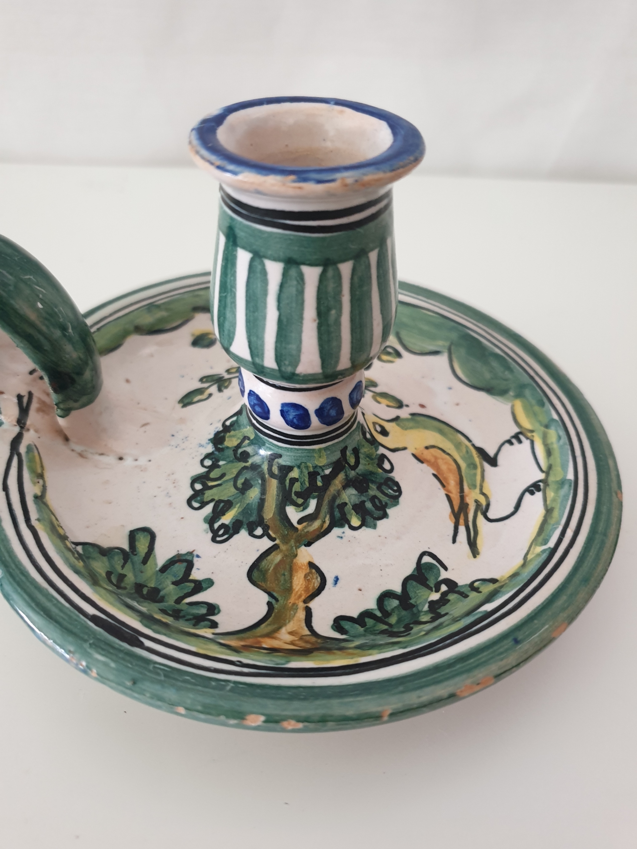 Porta velas de barro cocido, pintado a mano, Talavera