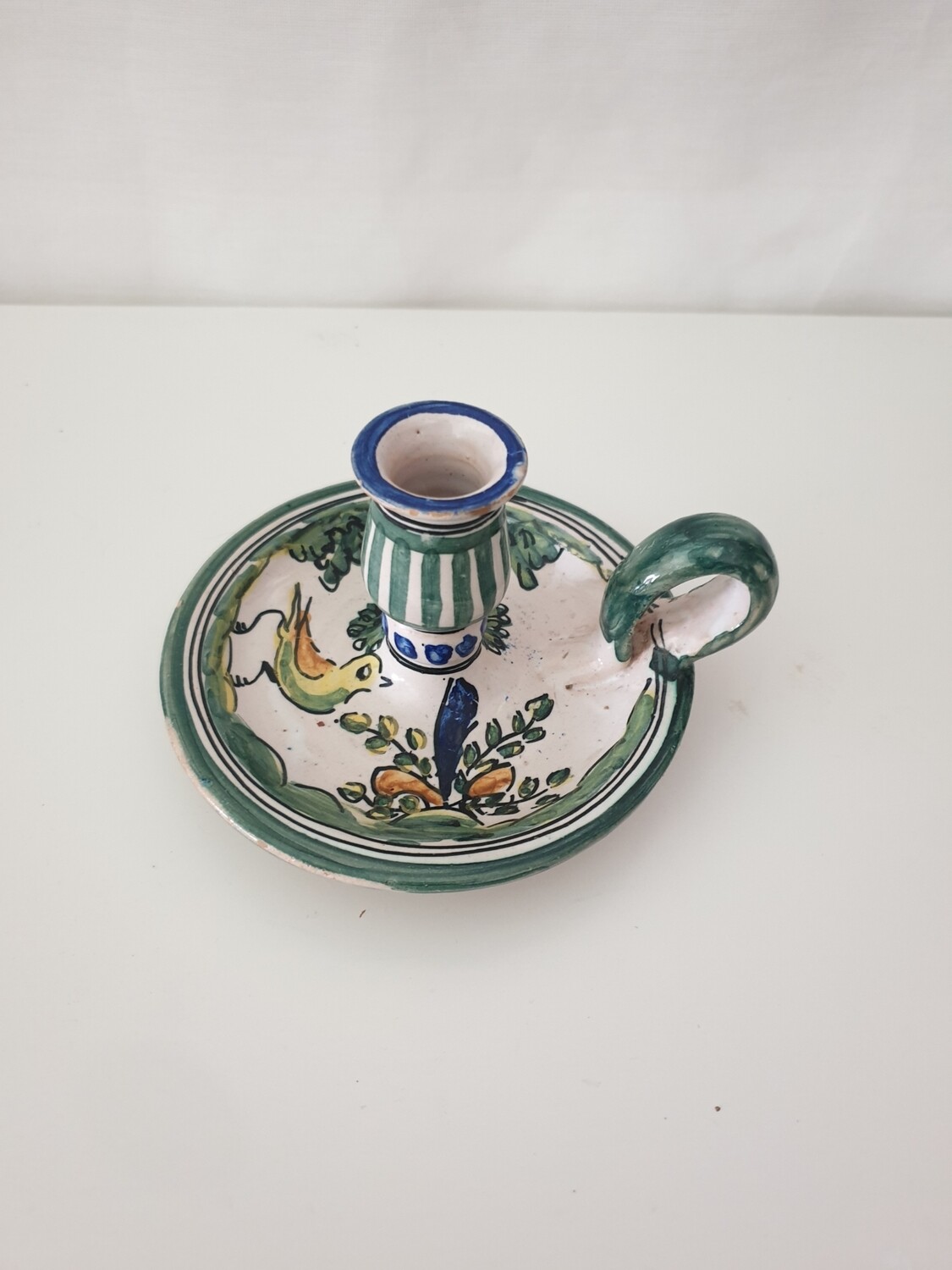 Porta velas de barro cocido, pintado a mano, Talavera