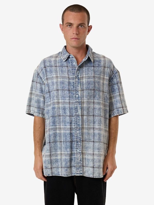 SOCIETY OVERSIZE SS CHECK DENIM SHIRT - BLEACH BLUE