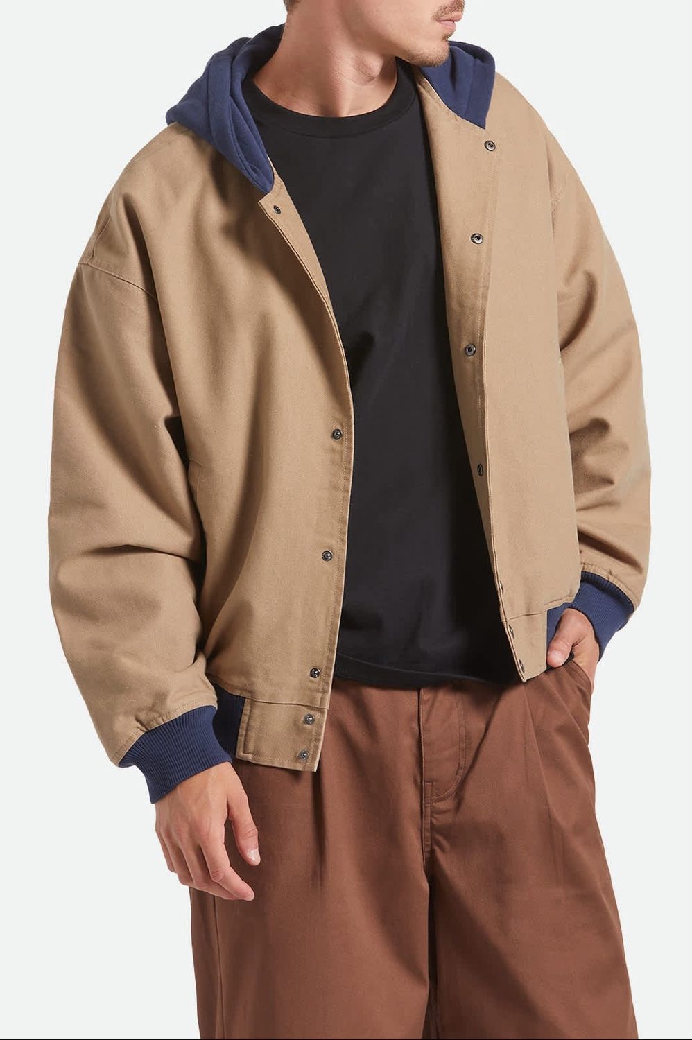 CANVAS HOODED BOMBER JACKET - KHAKI/MOOD INDIGO