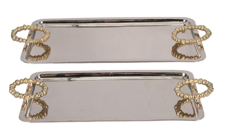 Silver Trays With Beaded Handles S/2 23&quot; 28&quot;