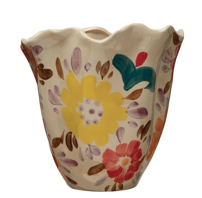 Hand Painted Floral Ruffled Vase