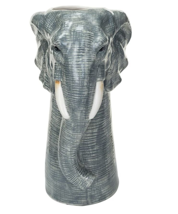 Hand- Painted Stoneware Elephant Vase