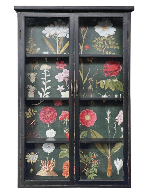Distressed Wood Cabinet with Floral Papered Back