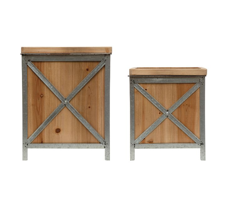 Large Wood Planters w/ Metal Stand, Natural &amp; Zinc Finish