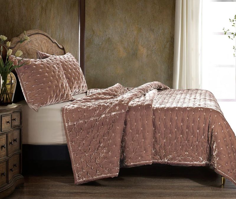 Stella Faux Silk Velvet Quilt Set King Dusty Rose