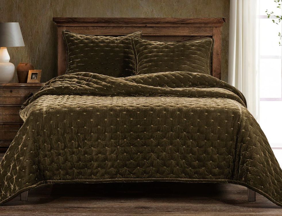 Stella Faux Silk Velvet Quilt Set King Green Ochre