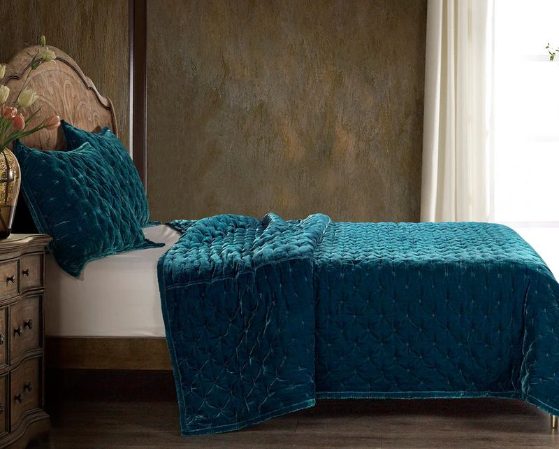 Stella Faux Silk Velvet Quilt Teal King Set