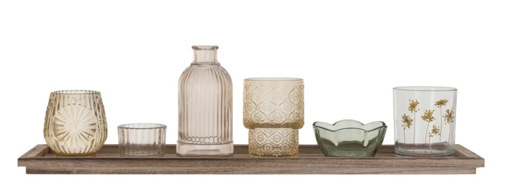 Wood Tray w/ Embossed Glass Tealight/Votive Holders w/ Vase, Set of 7