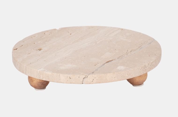 Tan Travertine Tray On Wood Ball Feet 10&quot;