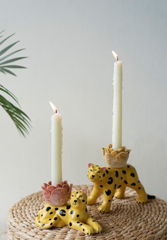 Ceramic Cheetah Taper Candle Holders S/2