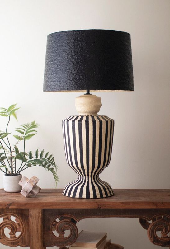 Black and White Paper Mache Lamp with Black Shade