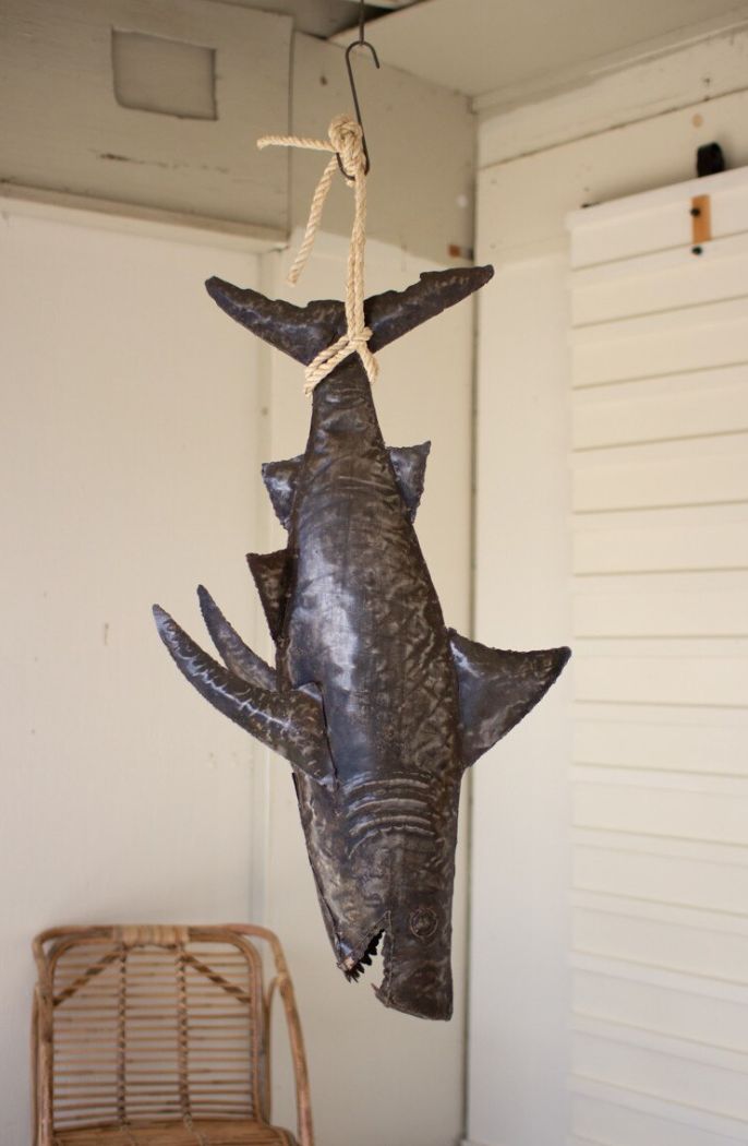 Recycled Hand-Hammered Metal 3 Dimensional Shark with Sisal Rope