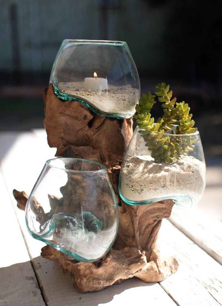 Three Blown Glass Bowls on a Driftwood Base
