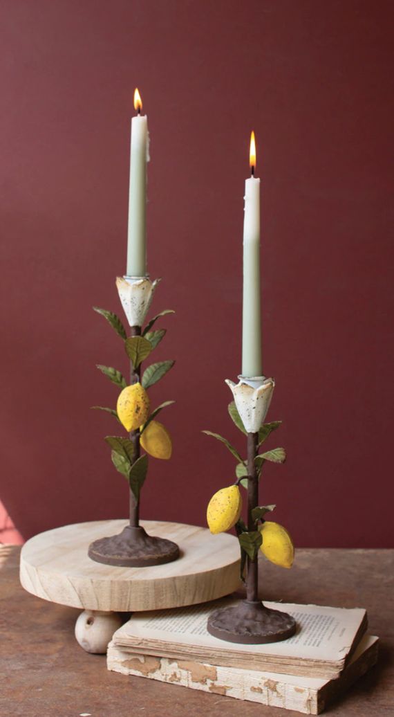 Painted Metal Lemon Taper Candle Holders S/2