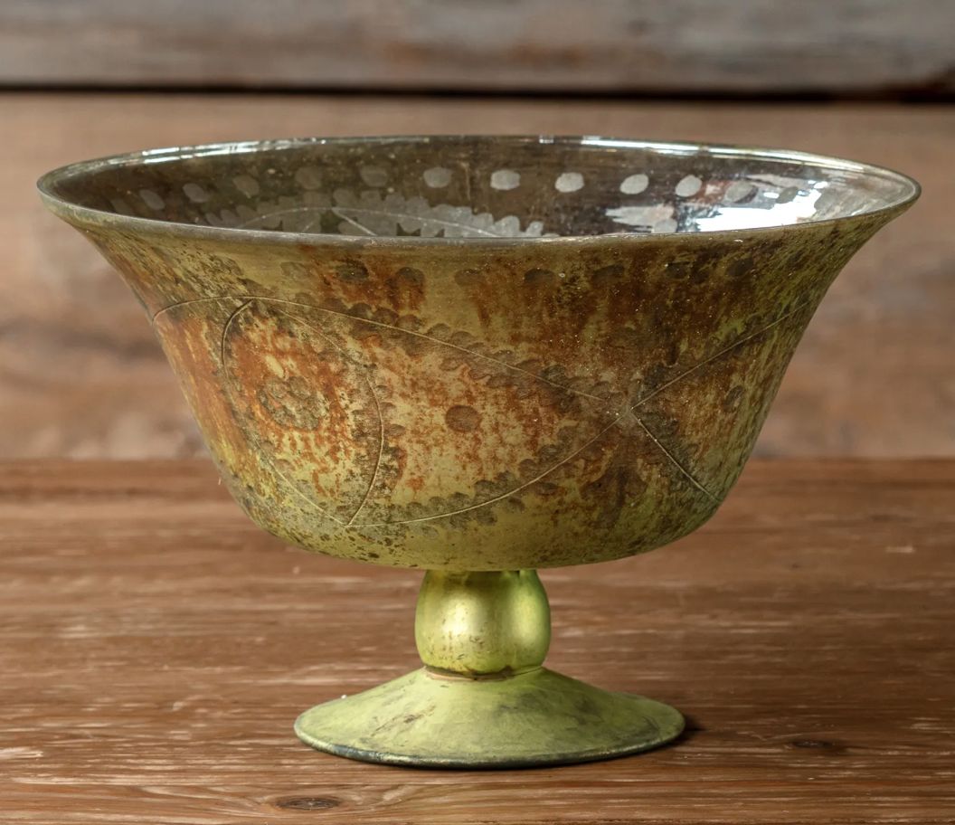 Antique Olive Etched Compote Large