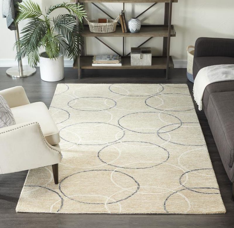 Beige Wool Geometric Handmade Circles Area Rug 8x10