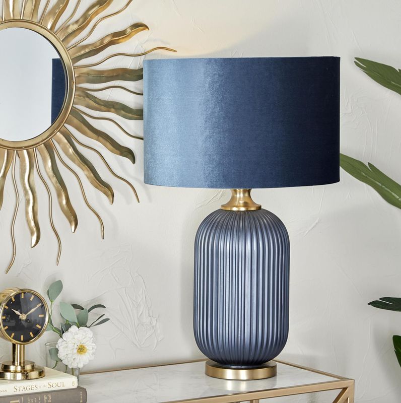 Blue Glass Ribbed Room Table Lamp