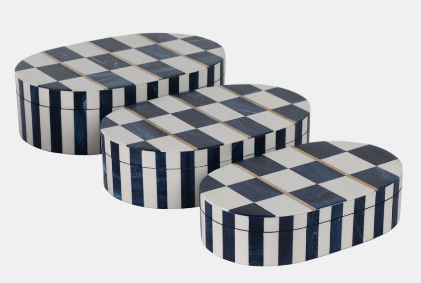 White/Blue Oval Checkered Boxes S/3