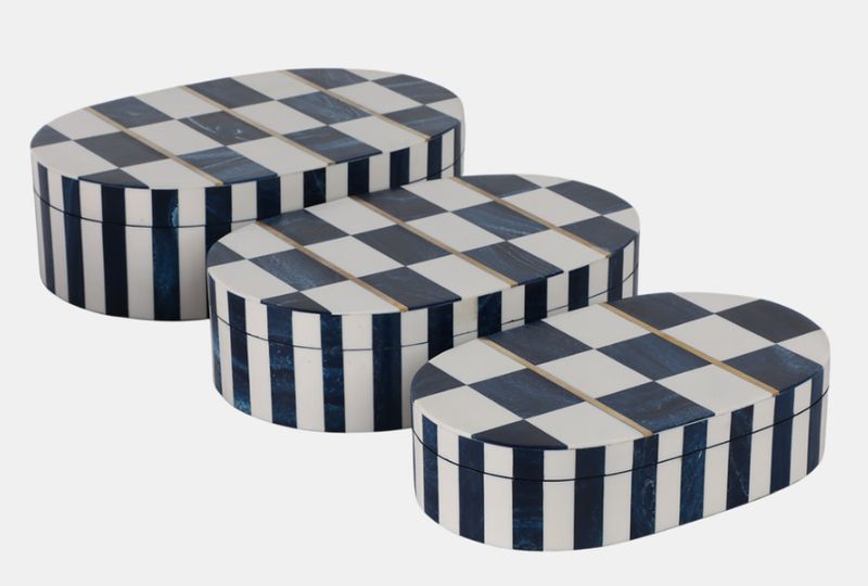 White/Blue Oval Checkered Boxes S/3