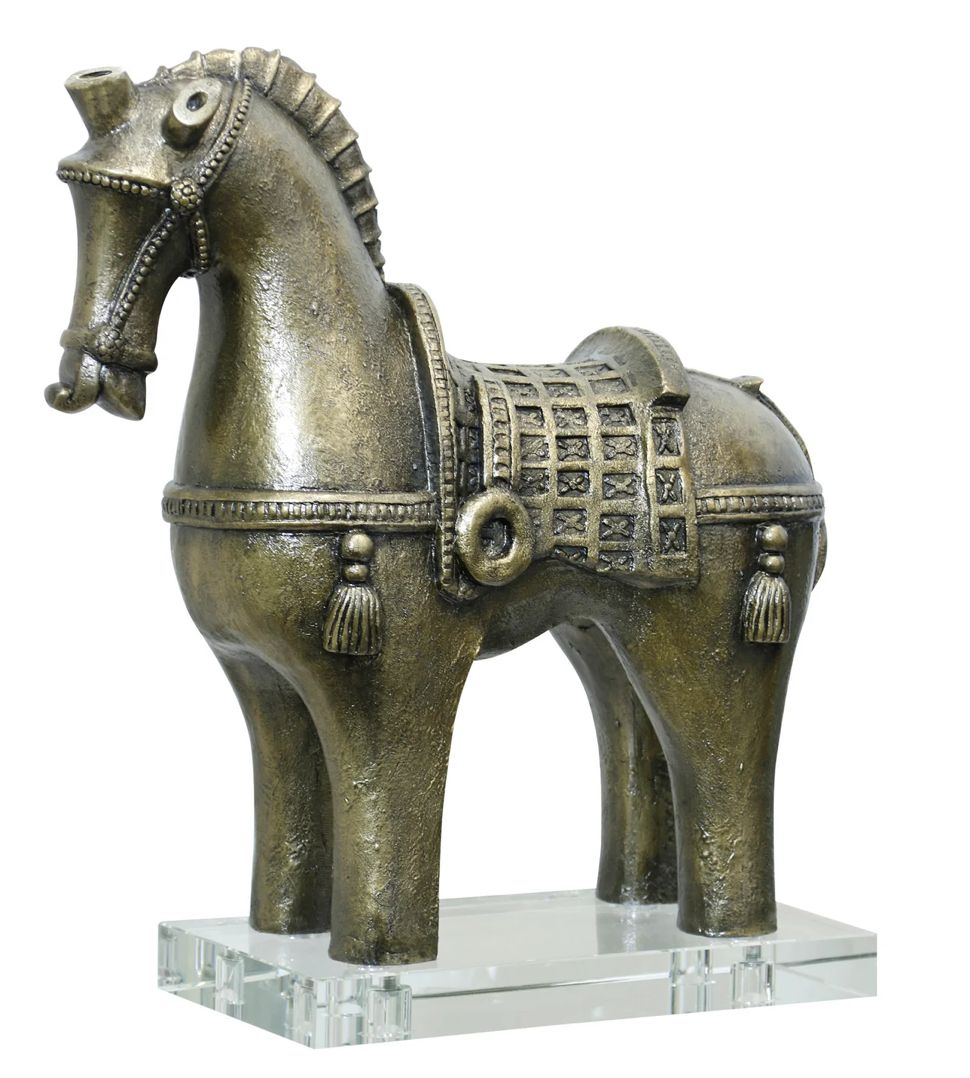 Horse Statue Antique Brass Finish Crystal Base