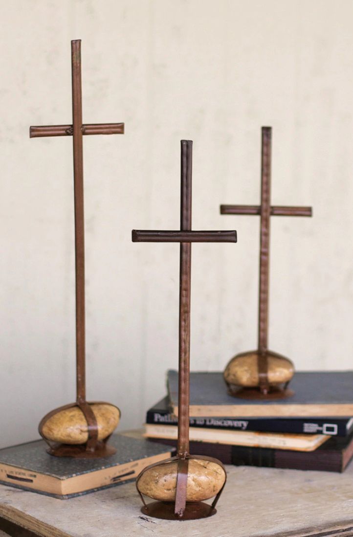 Metal Crosses with Caged Rock Bases S/3