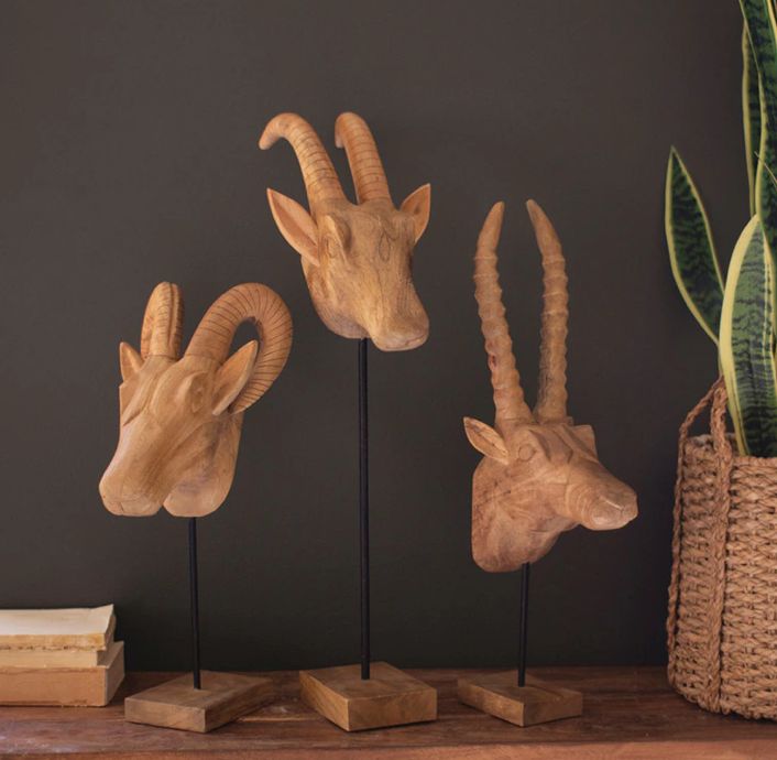 Carved Mango Wood African Animal Heads Set of 3